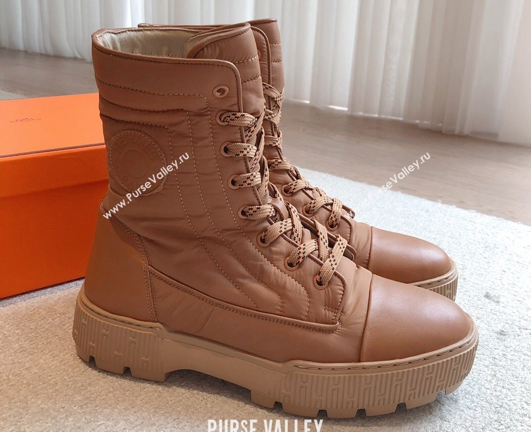 Hermes Fresh Water-repellent Women/Men ankle boots in quilted parachute fabric and calfskin Brown (kaola-23120903)