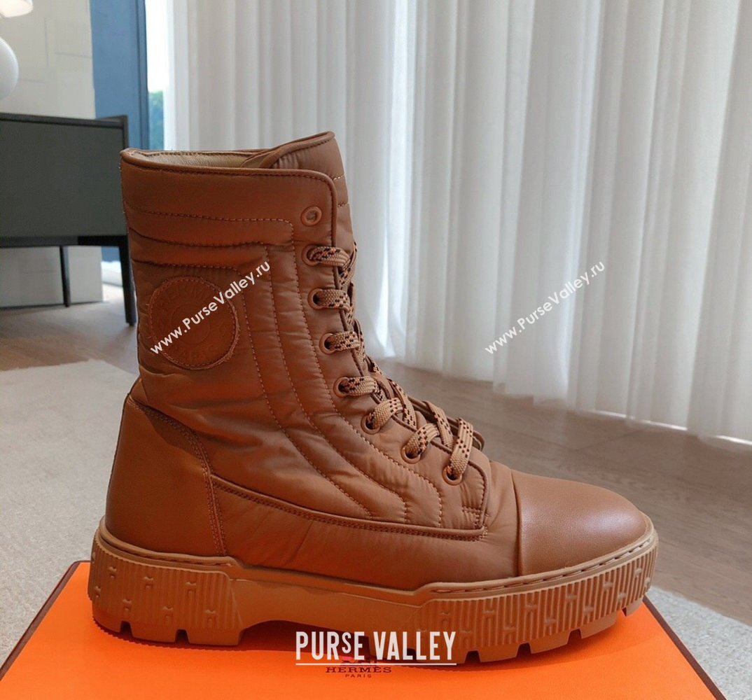 Hermes Fresh Water-repellent Women/Men ankle boots in quilted parachute fabric and calfskin Brown (kaola-23120903)