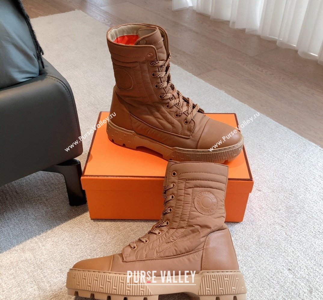 Hermes Fresh Water-repellent Women/Men ankle boots in quilted parachute fabric and calfskin Brown (kaola-23120903)