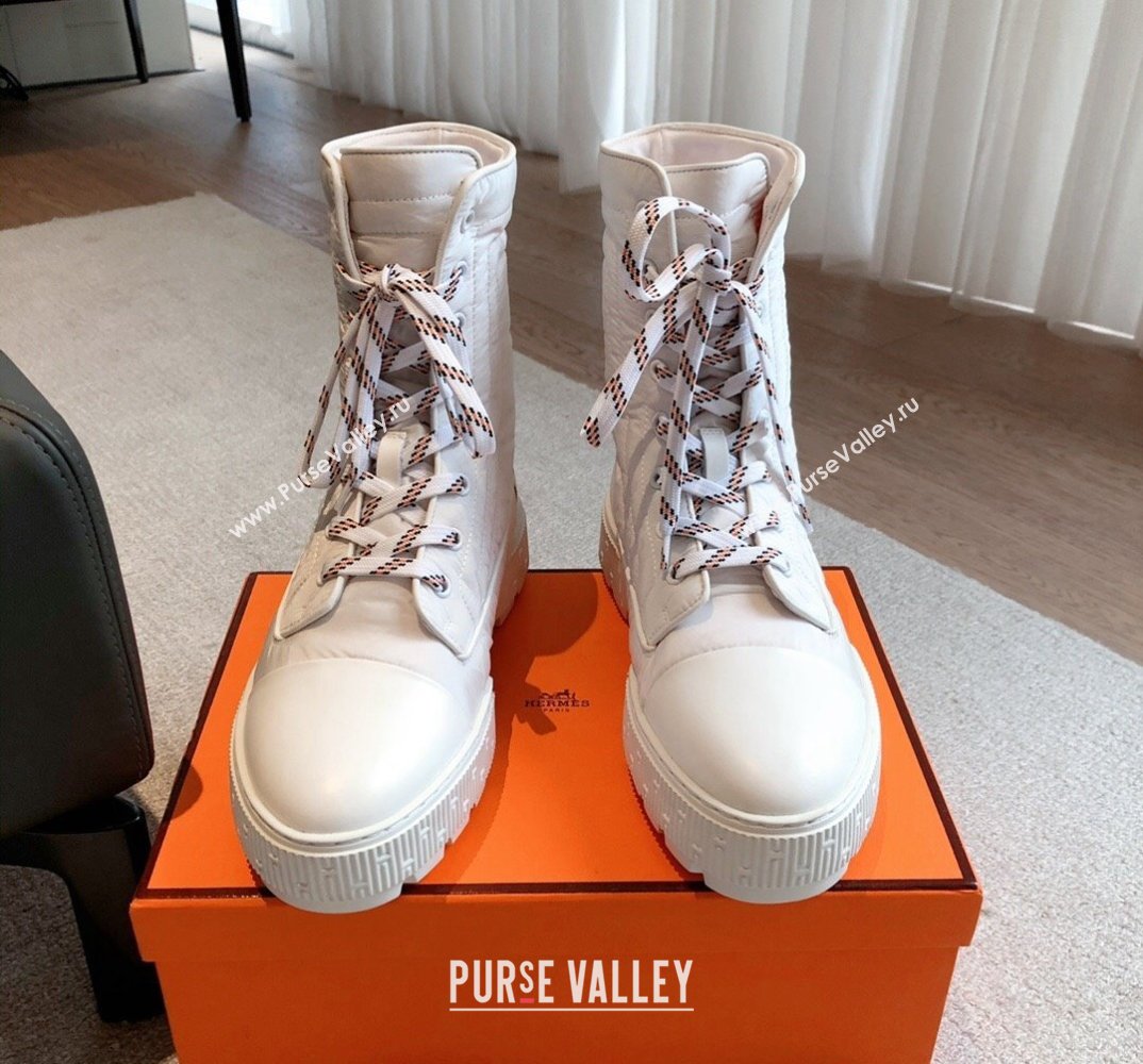 Hermes Fresh Water-repellent Women/Men ankle boots in quilted parachute fabric and calfskin White (kaola-23120902)