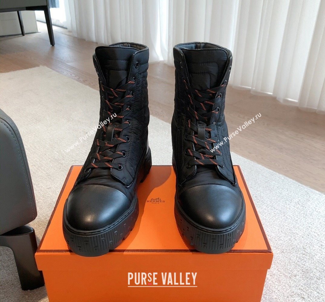 Hermes Fresh Water-repellent Women/Men ankle boots in quilted parachute fabric and calfskin Black (kaola-23120901)