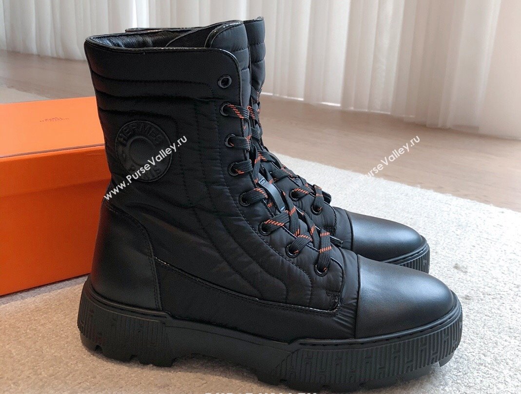 Hermes Fresh Water-repellent Women/Men ankle boots in quilted parachute fabric and calfskin Black (kaola-23120901)