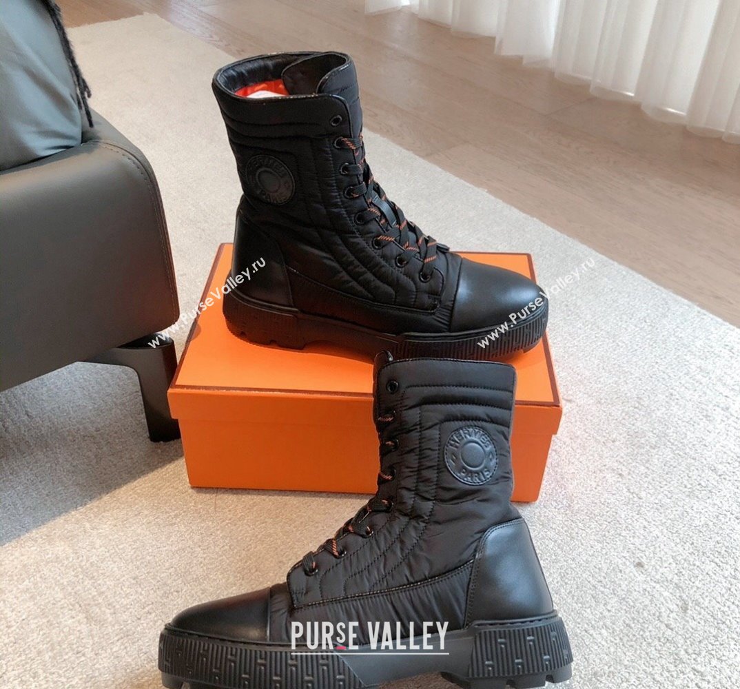 Hermes Fresh Water-repellent Women/Men ankle boots in quilted parachute fabric and calfskin Black (kaola-23120901)