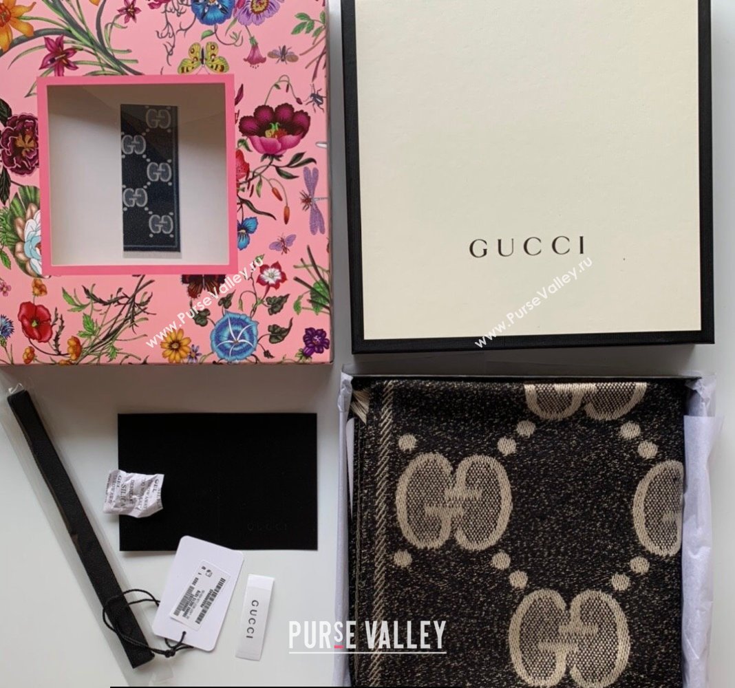 Gucci GG wool jacquard scarf 598993 45x195cm Black 2024 (weinisi-23121117)