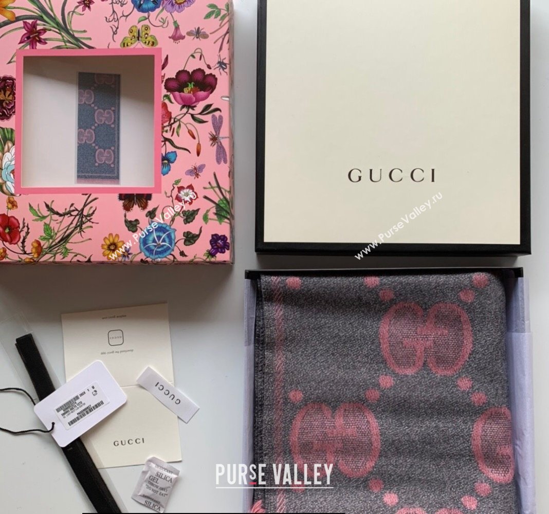 Gucci GG wool jacquard scarf 598993 45x195cm Pink 2024 (weinisi-23121118)