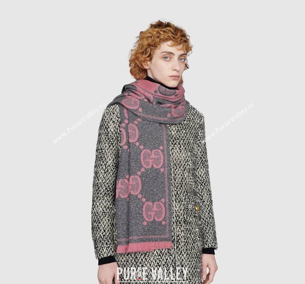 Gucci GG wool jacquard scarf 598993 45x195cm Pink 2024 (weinisi-23121118)