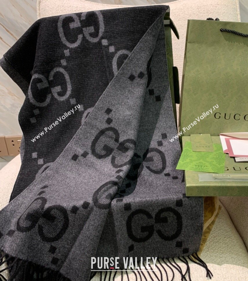 Gucci GG cashmere jacquard scarf 674275 45x200cm Black/Gray 2024 (weinisi-23121119)