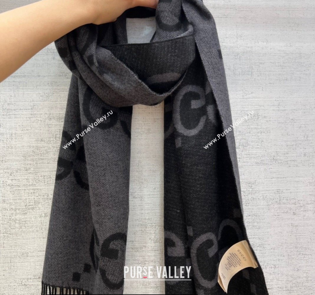 Gucci GG cashmere jacquard scarf 674275 45x200cm Black/Gray 2024 (weinisi-23121119)