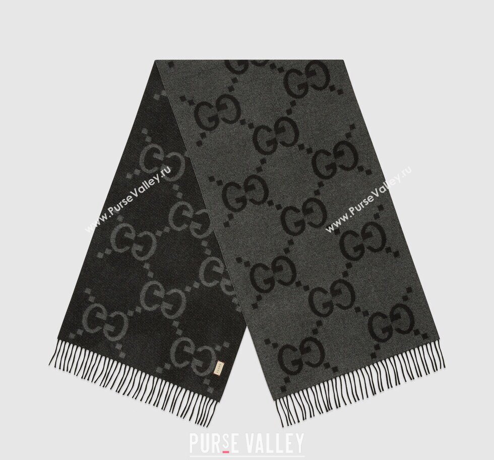 Gucci GG cashmere jacquard scarf 674275 45x200cm Black/Gray 2024 (weinisi-23121119)