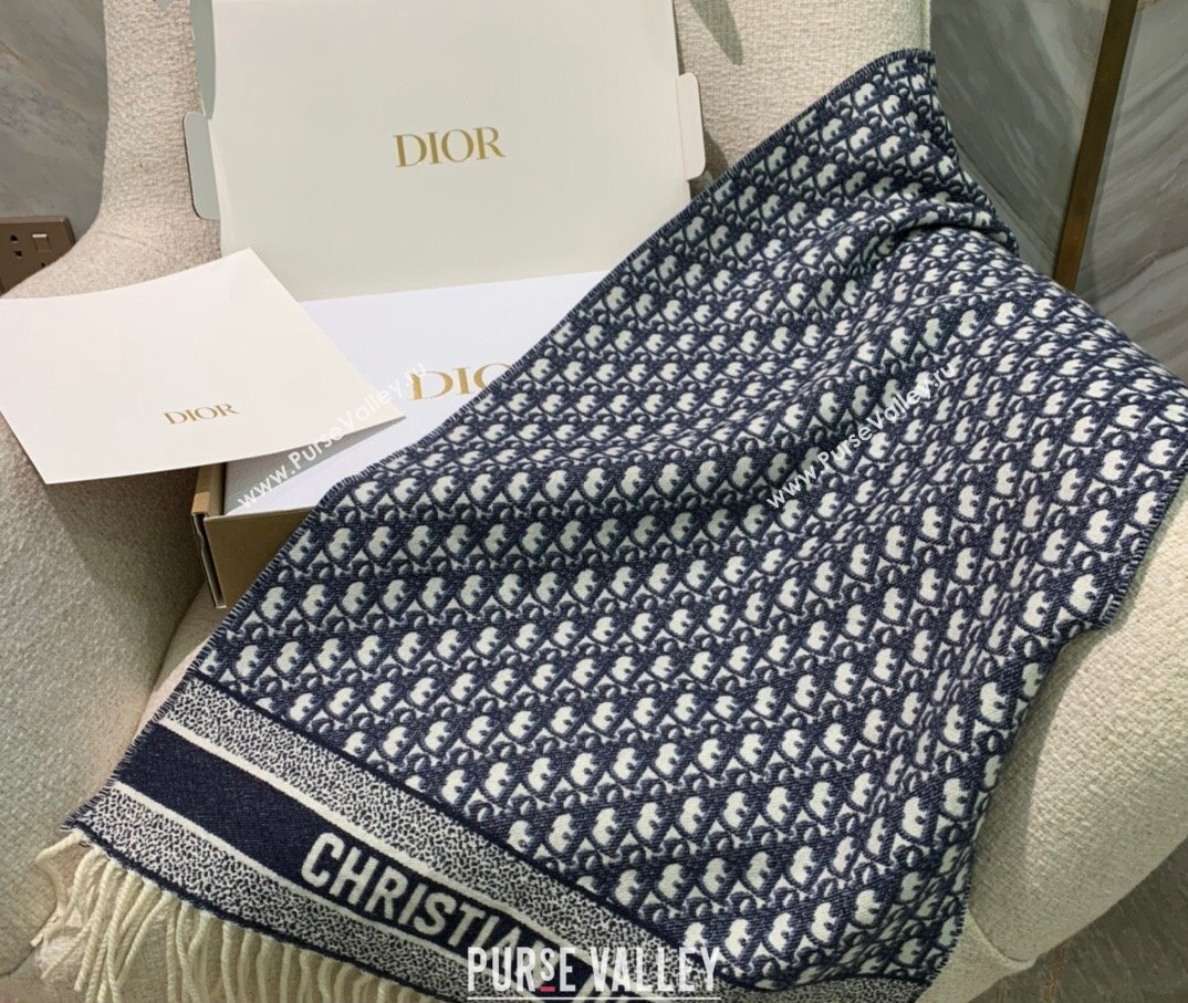 Dior Oblique Scarf in Navy Blue Cashmere and Wool 45x200cm 2024 (weinisi-23121106)