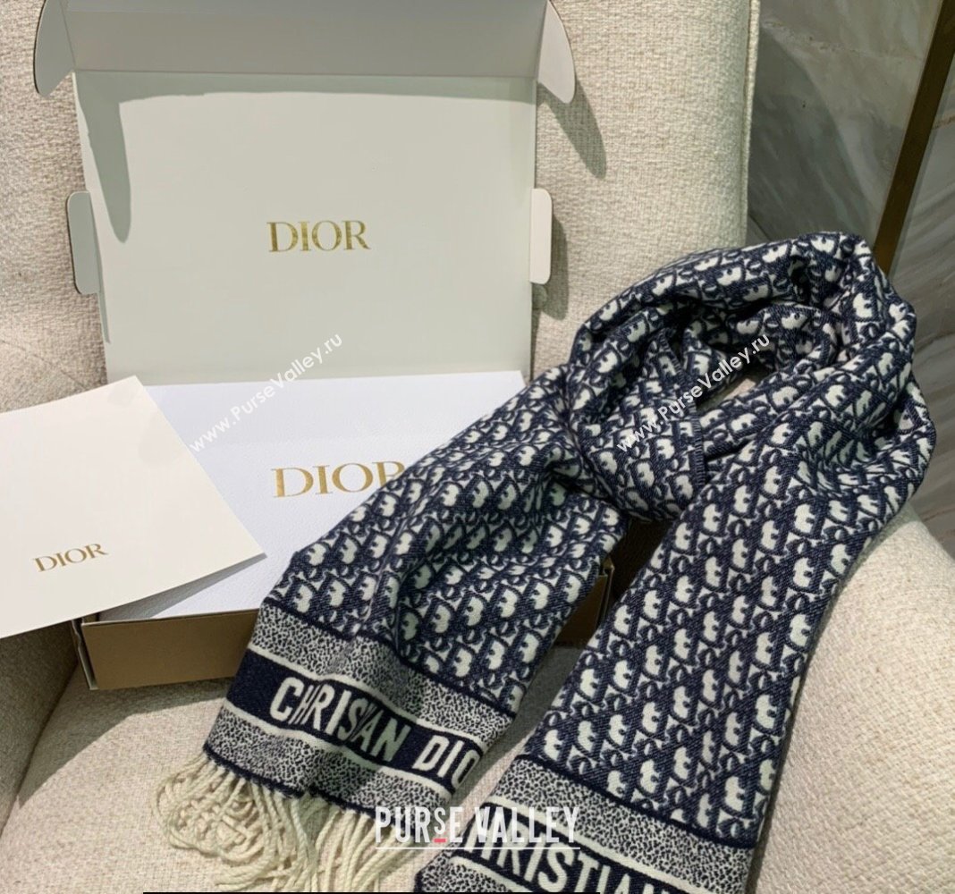 Dior Oblique Scarf in Navy Blue Cashmere and Wool 45x200cm 2024 (weinisi-23121106)