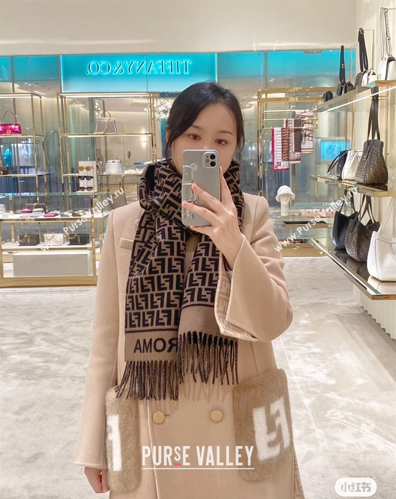 Fendi Brown wool and cashmere FF scarf 30x180cm 2024 (weinisi-23121115)
