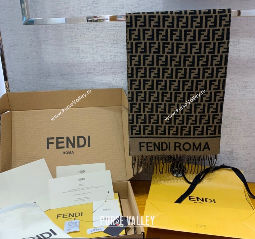 Fendi Brown wool and cashmere FF scarf 30x180cm 2024 (weinisi-23121115)