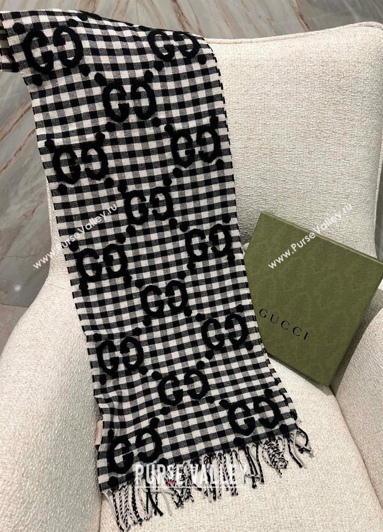 Gucci GG Check wool shawl 35x240cm Black 2024 (weinisi-23121123)