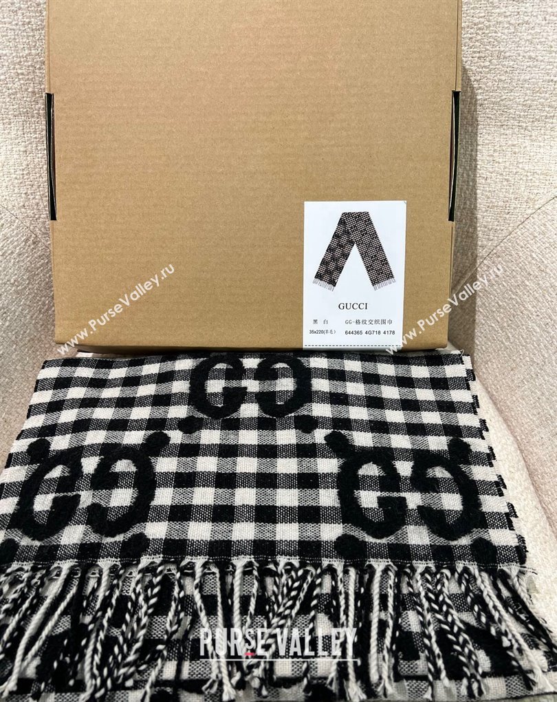 Gucci GG Check wool shawl 35x240cm Black 2024 (weinisi-23121123)
