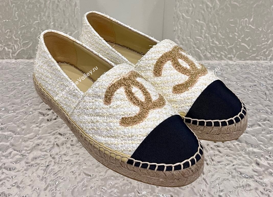 Chanel Gold CC Logo Tweed Espadrilles G29762 Beige 2024 (kaola-23121102)