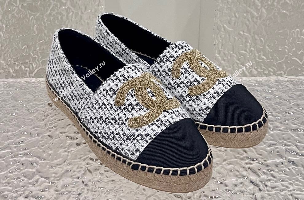 Chanel Gold CC Logo Tweed Espadrilles G29762 Black/White 2024 (kaola-23121103)