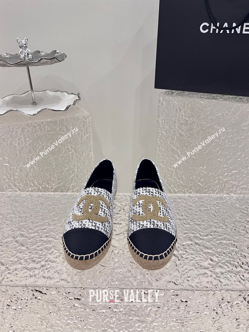 Chanel Gold CC Logo Tweed Espadrilles G29762 Black/White 2024 (kaola-23121103)