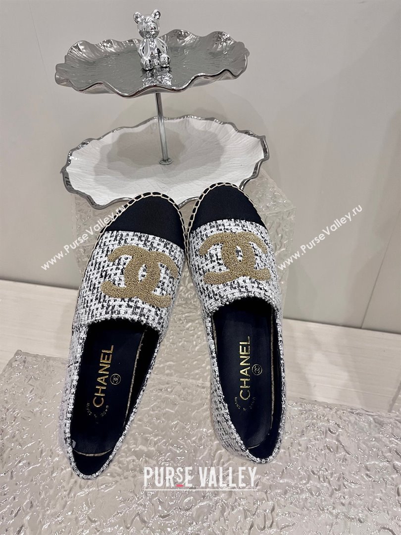 Chanel Gold CC Logo Tweed Espadrilles G29762 Black/White 2024 (kaola-23121103)