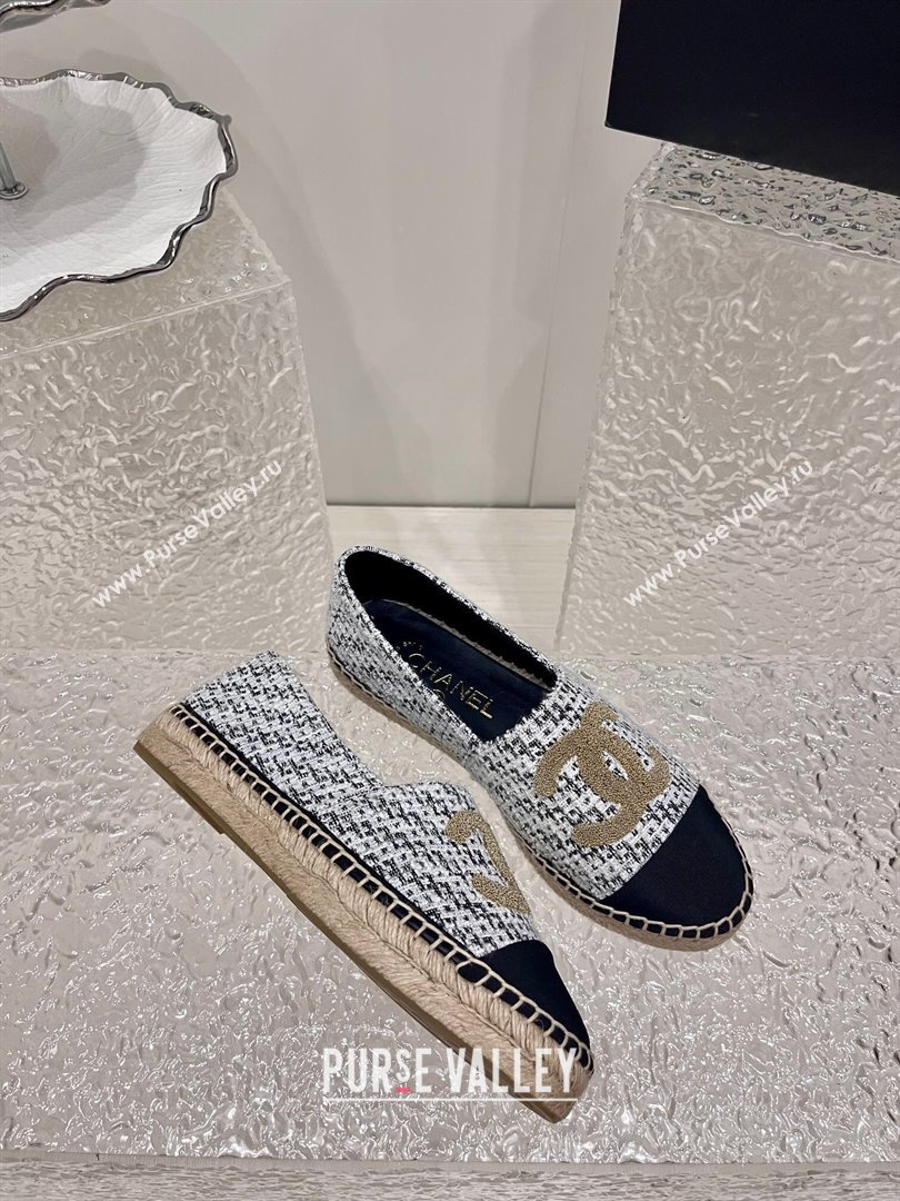 Chanel Gold CC Logo Tweed Espadrilles G29762 Black/White 2024 (kaola-23121103)