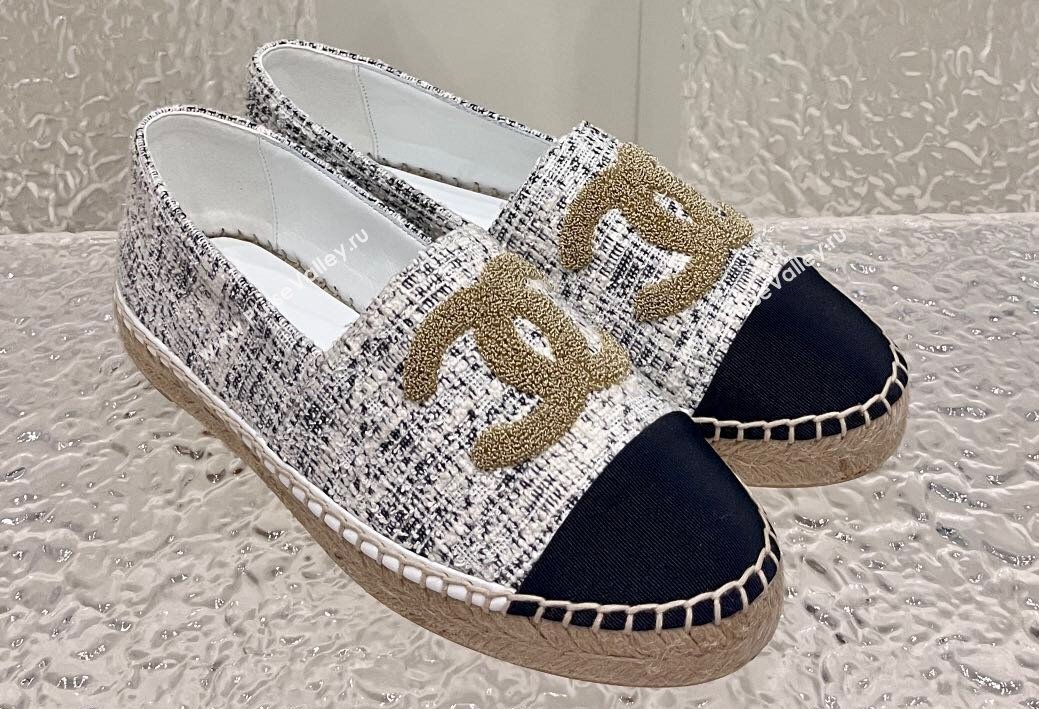 Chanel Gold CC Logo Tweed Espadrilles G29762 Gray 2024 (kaola-23121104)