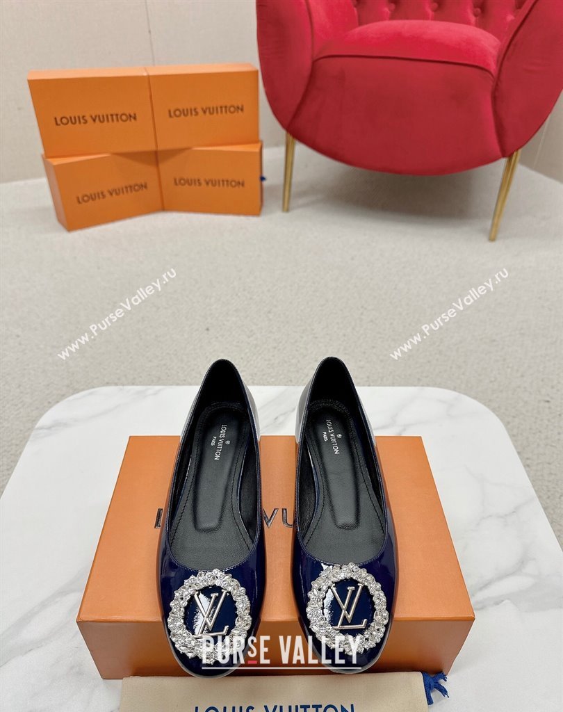 Louis Vuitton Patent Leather Madeleine Flat Ballerinas Blue with Crystal LV Circle (SS-23121470)