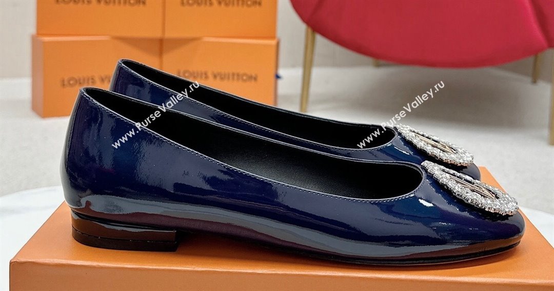 Louis Vuitton Patent Leather Madeleine Flat Ballerinas Blue with Crystal LV Circle (SS-23121470)