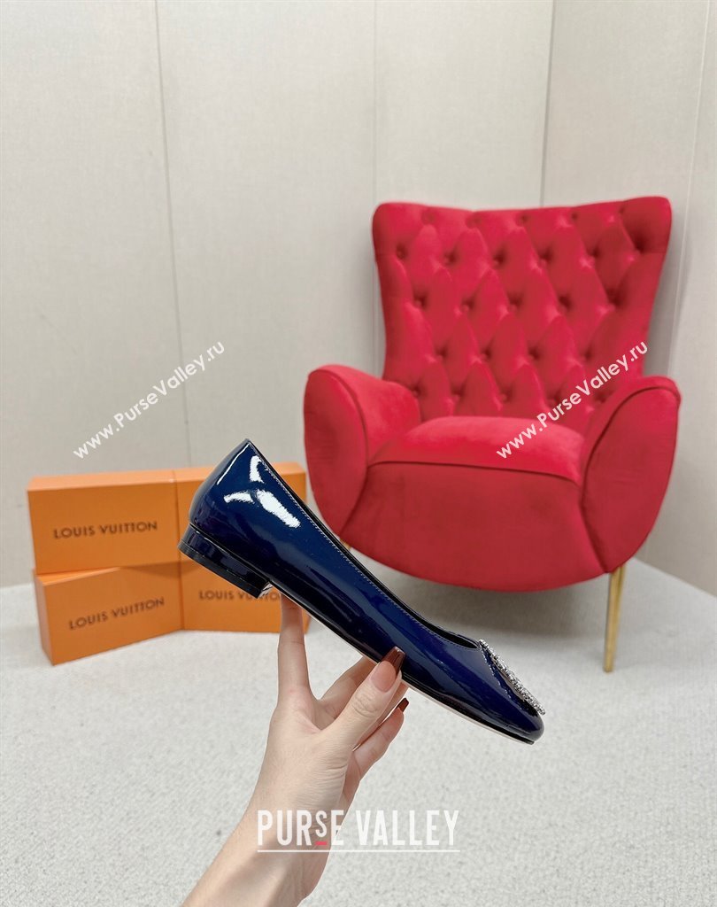 Louis Vuitton Patent Leather Madeleine Flat Ballerinas Blue with Crystal LV Circle (SS-23121470)