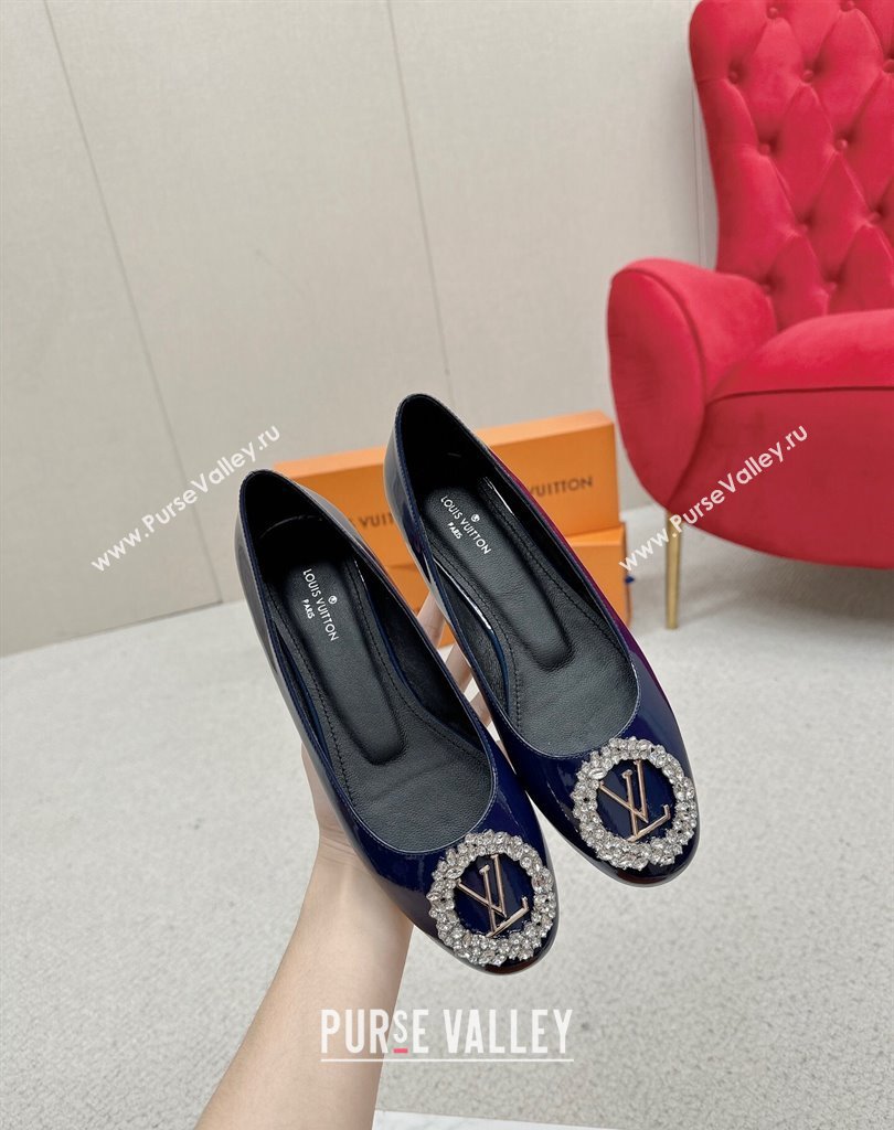 Louis Vuitton Patent Leather Madeleine Flat Ballerinas Blue with Crystal LV Circle (SS-23121470)