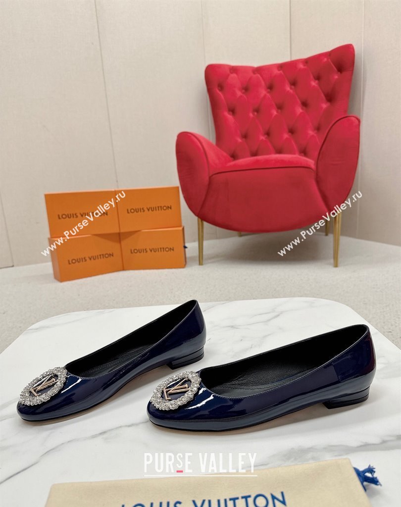 Louis Vuitton Patent Leather Madeleine Flat Ballerinas Blue with Crystal LV Circle (SS-23121470)