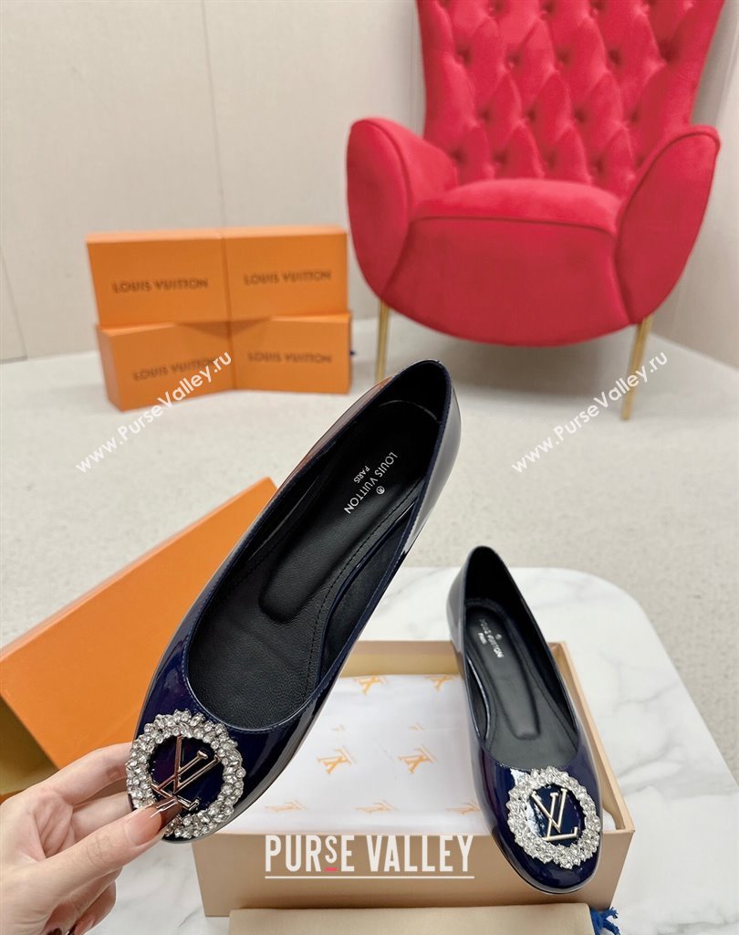 Louis Vuitton Patent Leather Madeleine Flat Ballerinas Blue with Crystal LV Circle (SS-23121470)