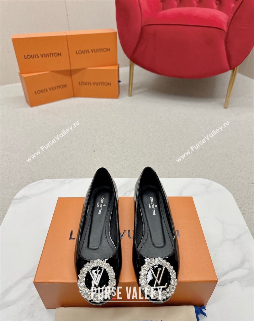 Louis Vuitton Patent Leather Madeleine Flat Ballerinas Black with Crystal LV Circle (SS-23121469)