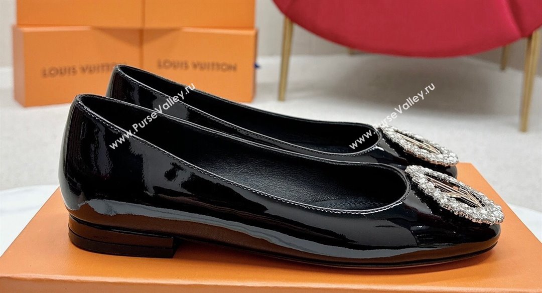 Louis Vuitton Patent Leather Madeleine Flat Ballerinas Black with Crystal LV Circle (SS-23121469)