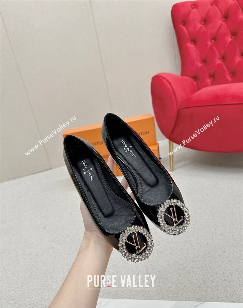 Louis Vuitton Patent Leather Madeleine Flat Ballerinas Black with Crystal LV Circle (SS-23121469)
