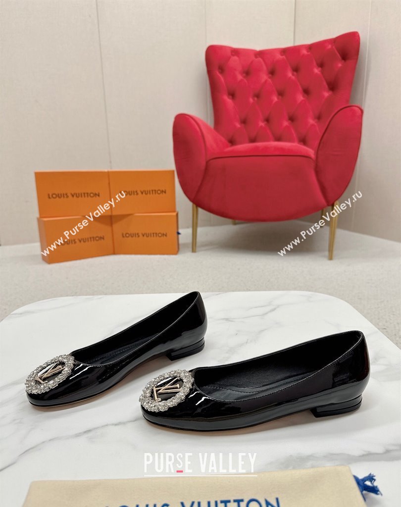 Louis Vuitton Patent Leather Madeleine Flat Ballerinas Black with Crystal LV Circle (SS-23121469)