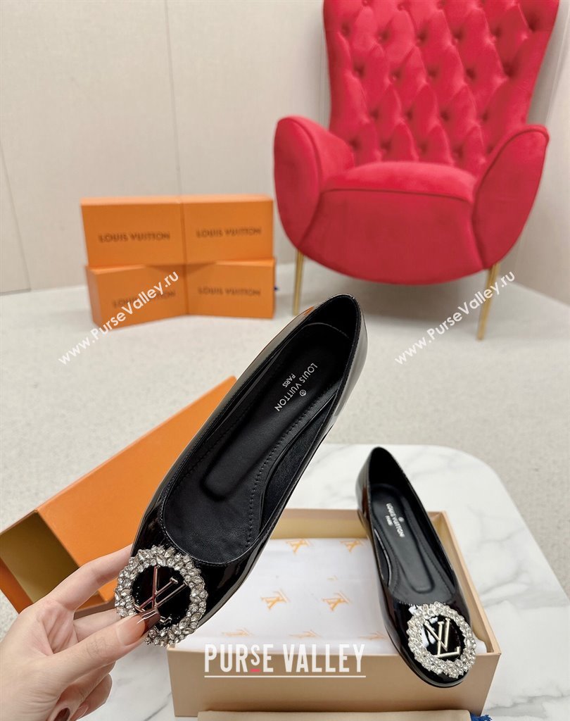 Louis Vuitton Patent Leather Madeleine Flat Ballerinas Black with Crystal LV Circle (SS-23121469)