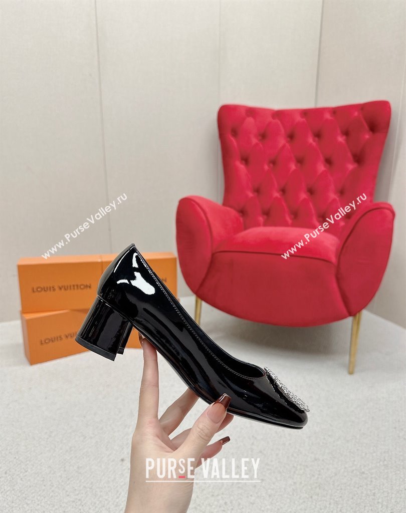 Louis Vuitton Patent Leather Madeleine Pumps Black with Crystal LV Circle (SS-23121463)