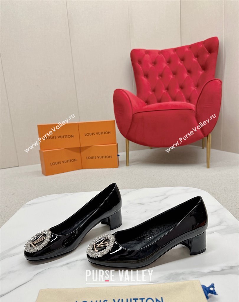 Louis Vuitton Patent Leather Madeleine Pumps Black with Crystal LV Circle (SS-23121463)
