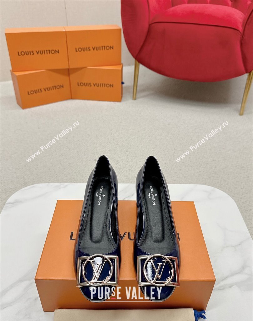 Louis Vuitton Patent Leather Madeleine Pumps Blue with Dauphine LV Initials (SS-23121448)