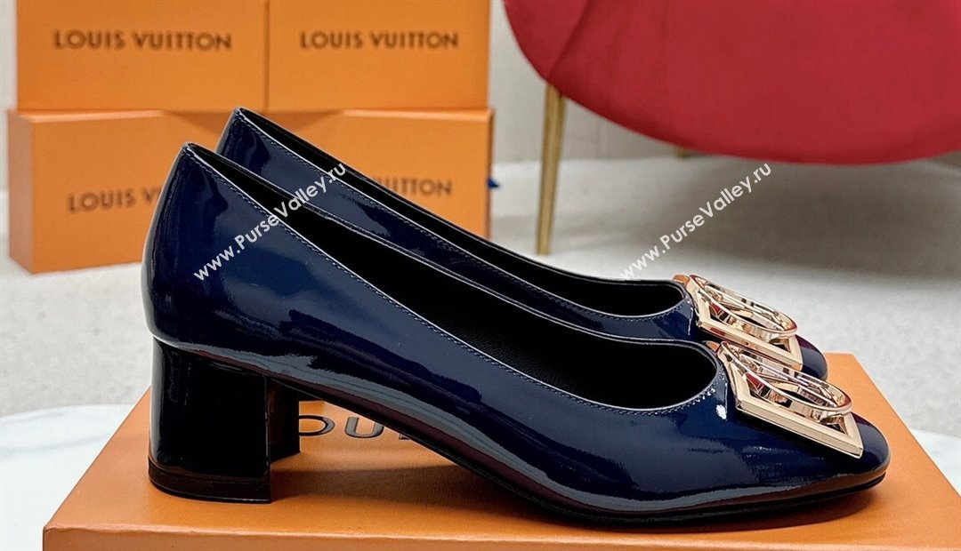 Louis Vuitton Patent Leather Madeleine Pumps Blue with Dauphine LV Initials (SS-23121448)