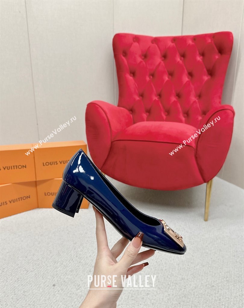 Louis Vuitton Patent Leather Madeleine Pumps Blue with Dauphine LV Initials (SS-23121448)