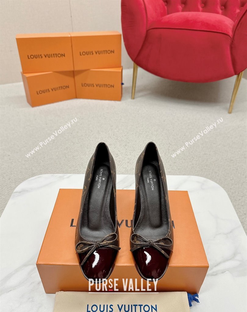 Louis Vuitton Monogram Canvas Coffee and Burgundy Patent Leather Stiletto Heel Pumps with Bow (SS-23121433)