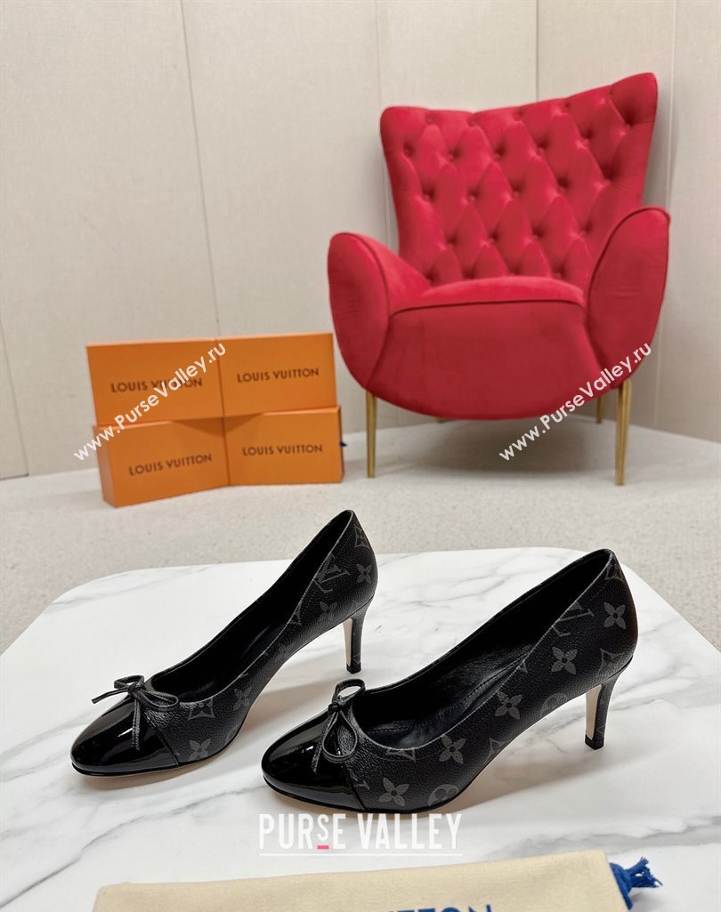 Louis Vuitton Monogram Canvas Black and Patent Leather Stiletto Heel Pumps with Bow (SS-23121429)