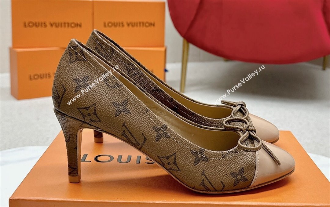 Louis Vuitton Monogram Canvas Brown and Nude Patent Leather Stiletto Heel Pumps with Bow (SS-23121434)