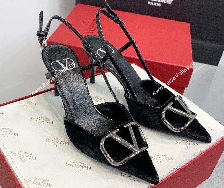 Valentino Heel 8cm Vlogo Signature Slingback Pumps Velvet Black 2024 (keer-23121502)