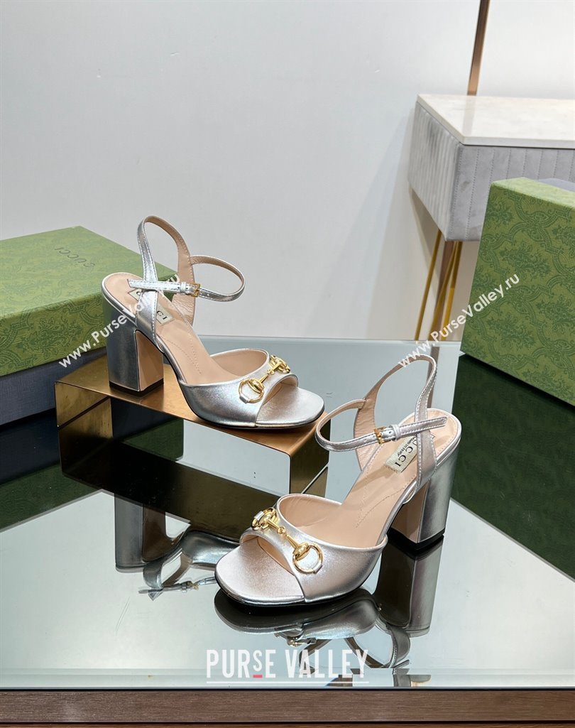 Gucci Heel 9cm Womens Horsebit sandals 771600 leather Silver 2024 (modeng-23121316)
