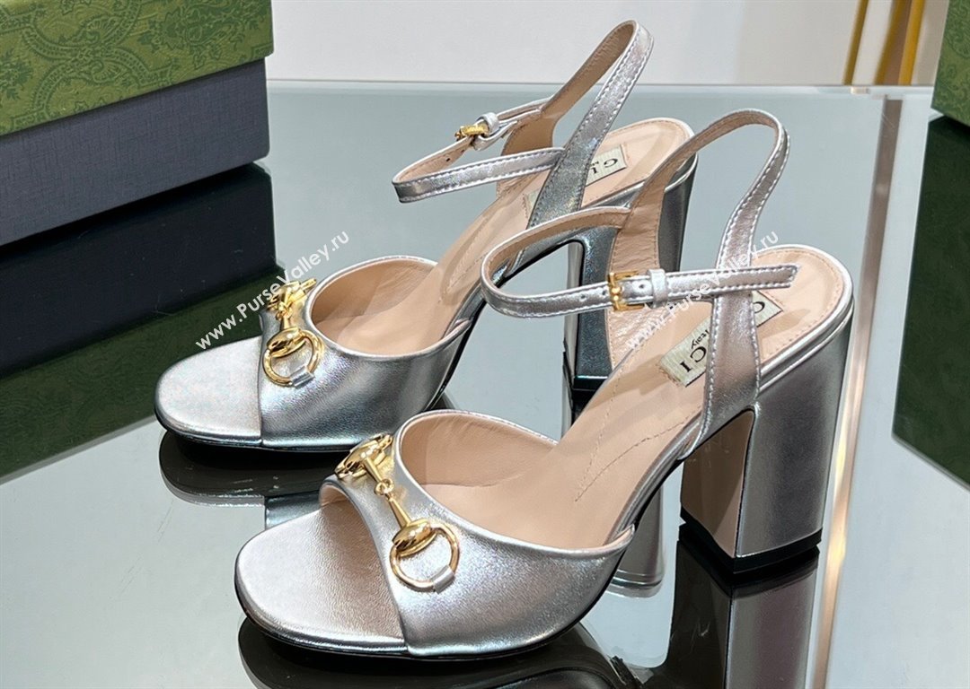 Gucci Heel 9cm Womens Horsebit sandals 771600 leather Silver 2024 (modeng-23121316)