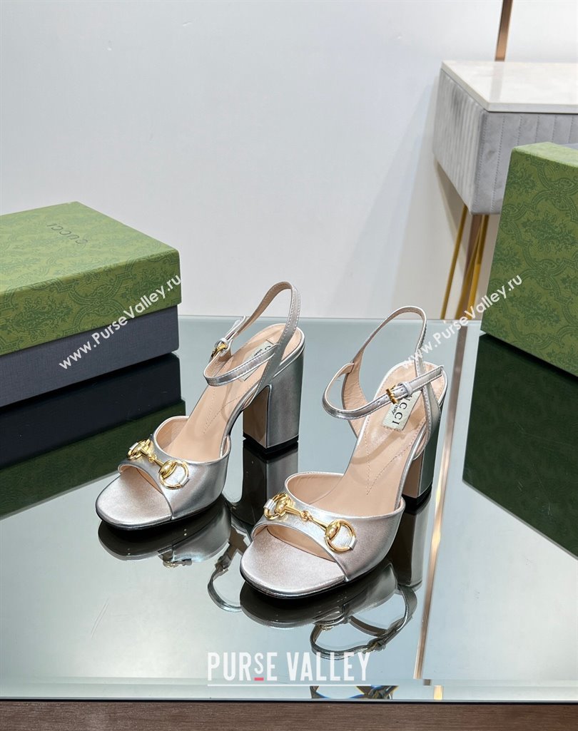 Gucci Heel 9cm Womens Horsebit sandals 771600 leather Silver 2024 (modeng-23121316)