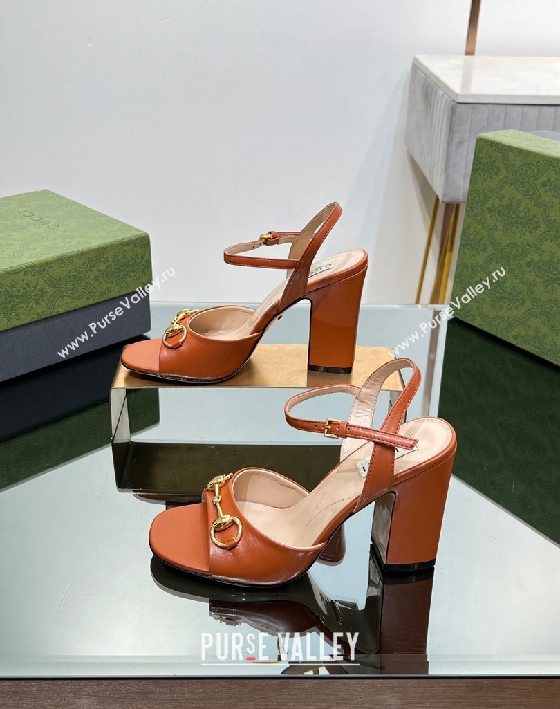 Gucci Heel 9cm Womens Horsebit sandals 771600 leather Brown 2024 (modeng-23121314)