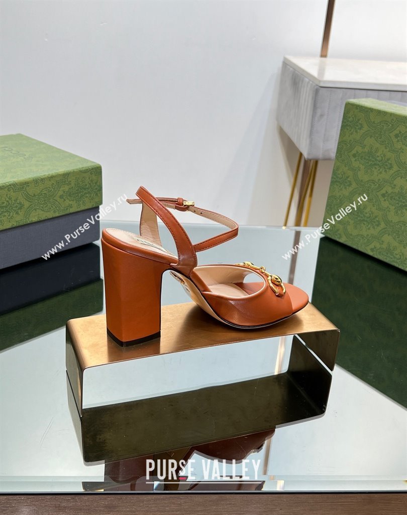 Gucci Heel 9cm Womens Horsebit sandals 771600 leather Brown 2024 (modeng-23121314)